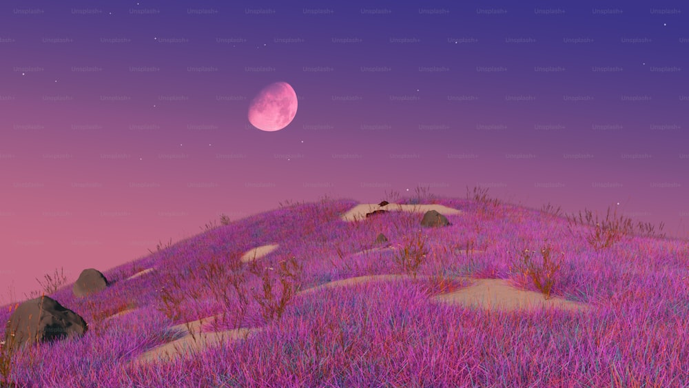 una luna llena se eleva sobre una colina púrpura