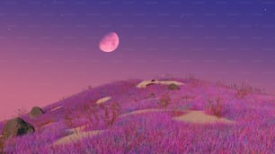 uma lua cheia nasce sobre uma colina roxa