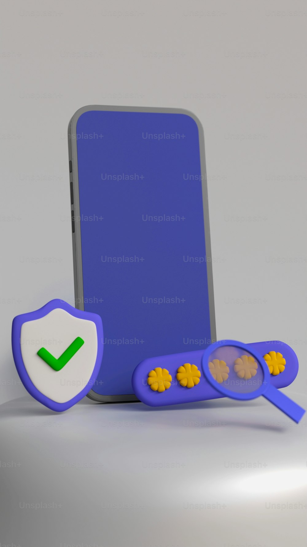 a cell phone with a shield and two magnifying glasses