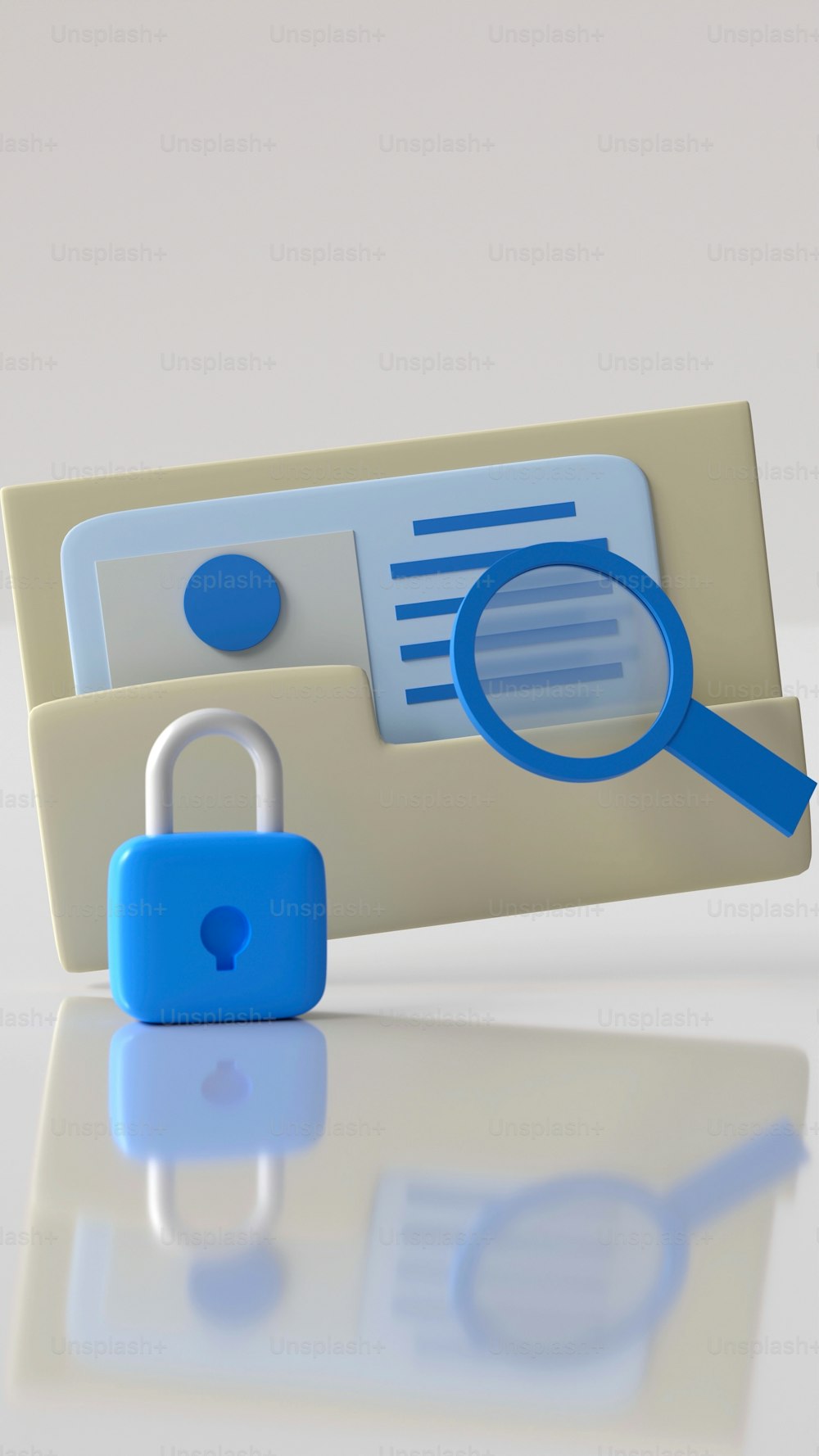 a folder with a lock and a magnifying glass