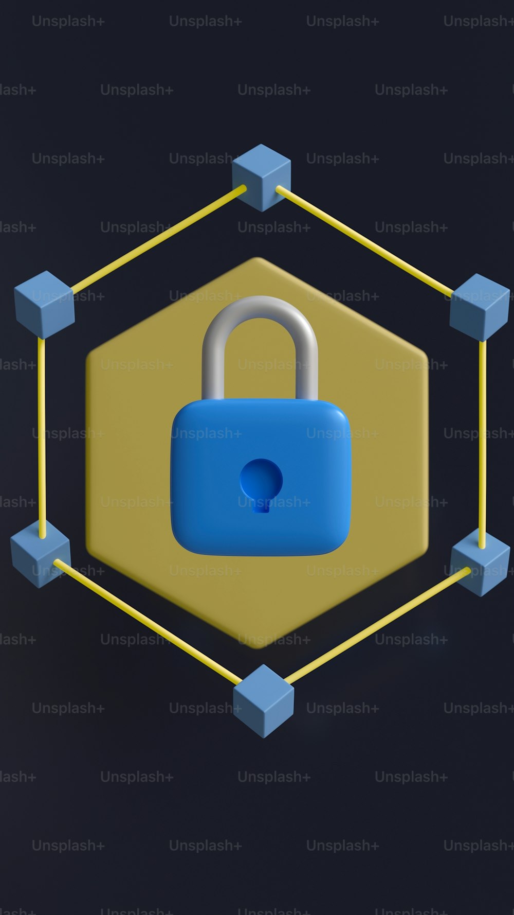 a blue padlock on top of a yellow hexagon
