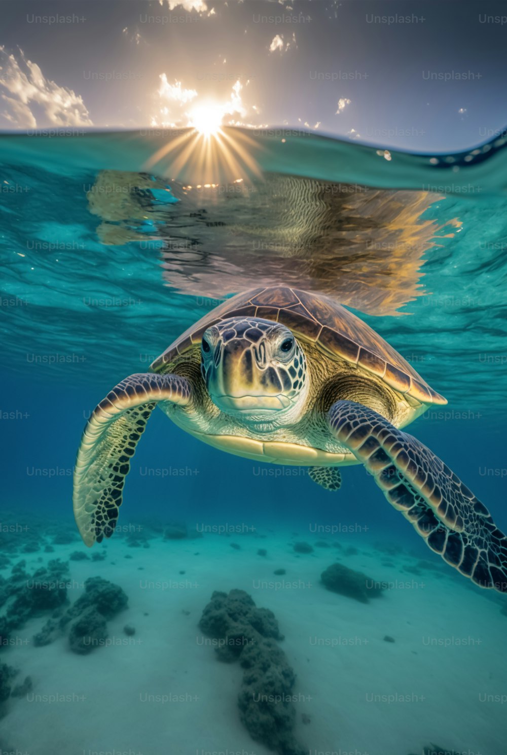 a green turtle swimming in the ocean at sunset