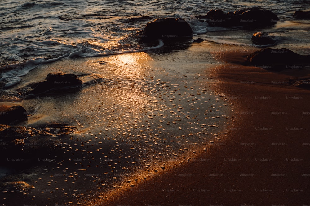 Le soleil se couche sur l’eau à la plage