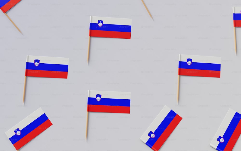 a group of small flags sitting on top of a table