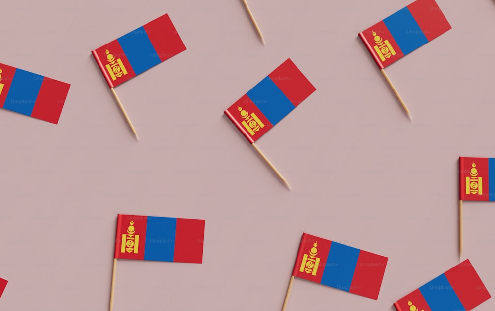 a group of small red and blue flags