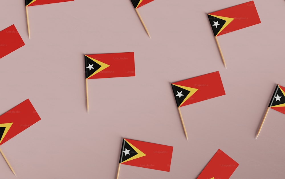 a group of small red and black flags
