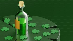 a green bottle with a cork on top of it