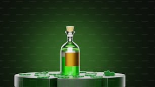 a bottle of green liquid sitting on top of a table