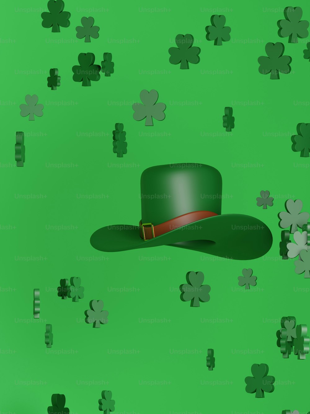 a green hat with four leaf clovers in the background
