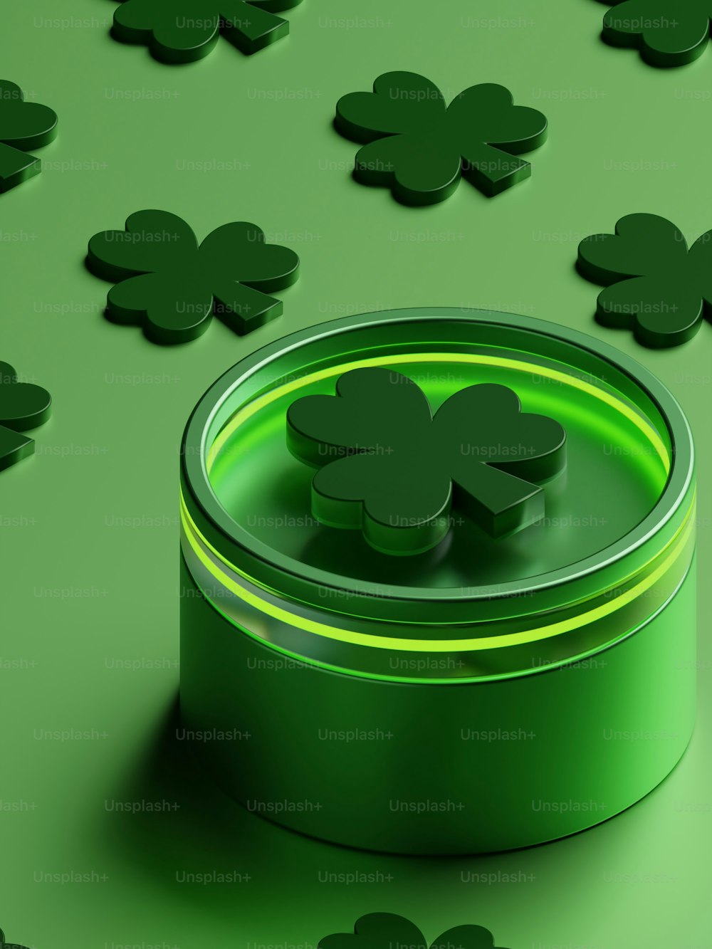a green tin with a four leaf clover on it