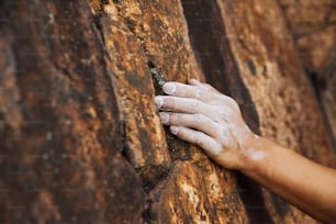 a person's hand on the side of a rock