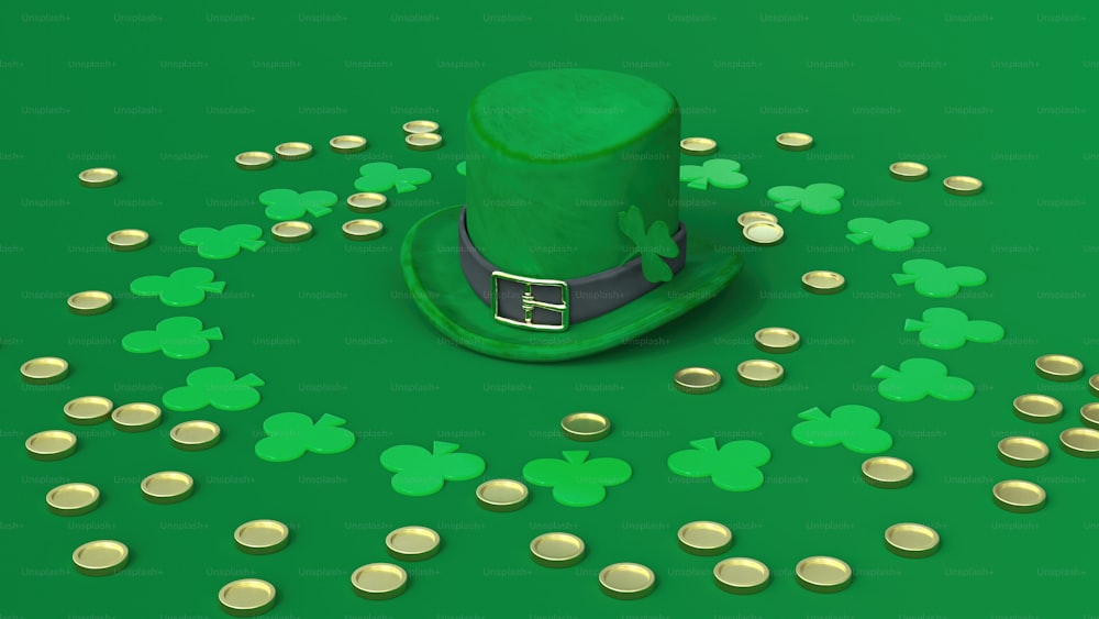 un chapeau vert avec des pièces d’or autour
