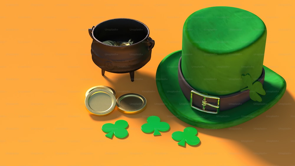 a green top hat next to a pot of gold coins