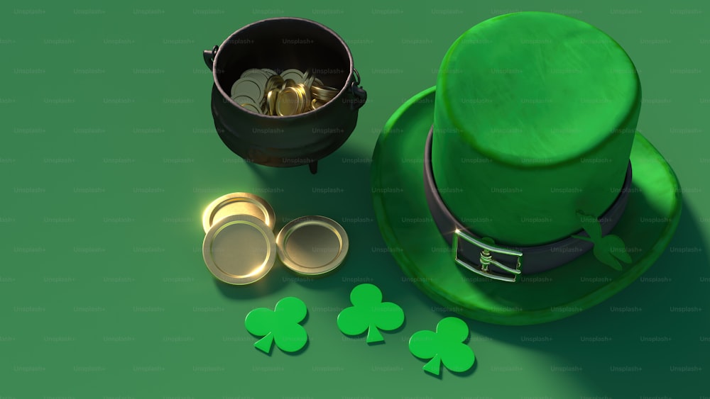 a green hat and some gold coins