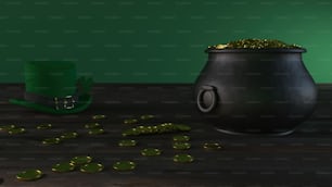 Una olla de monedas de oro junto a un sombrero verde