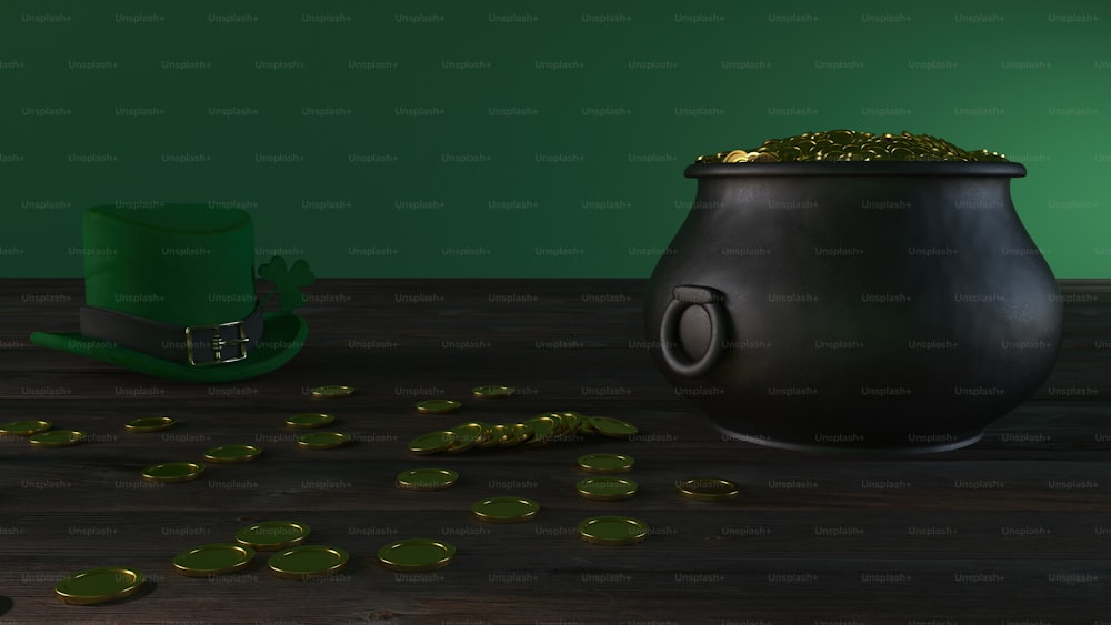 a pot of gold coins next to a green hat
