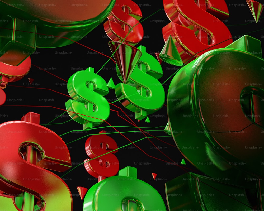 Un montón de signos de dólar verdes y rojos