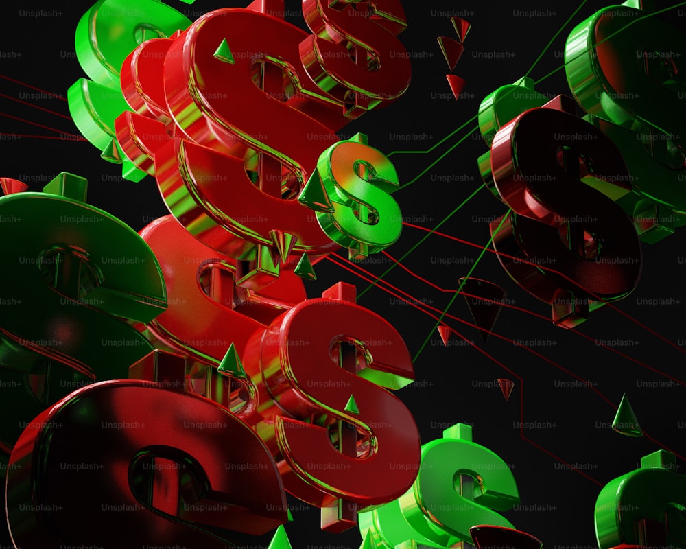Un mucchio di segni di dollaro verde e rosso