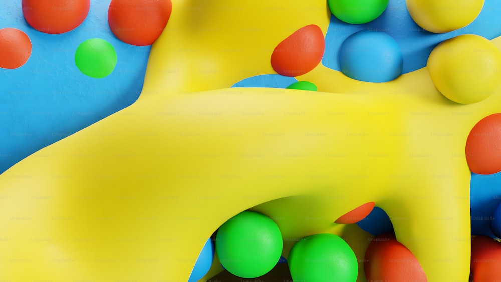 une banane jaune entourée de boules colorées sur fond bleu