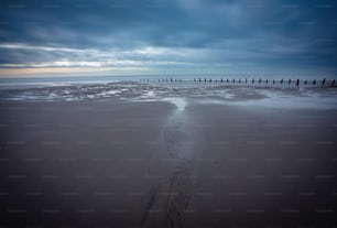 une plage de sable avec une ligne de poteaux au loin