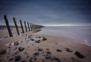 a row of wooden posts sitting on top of a sandy beach