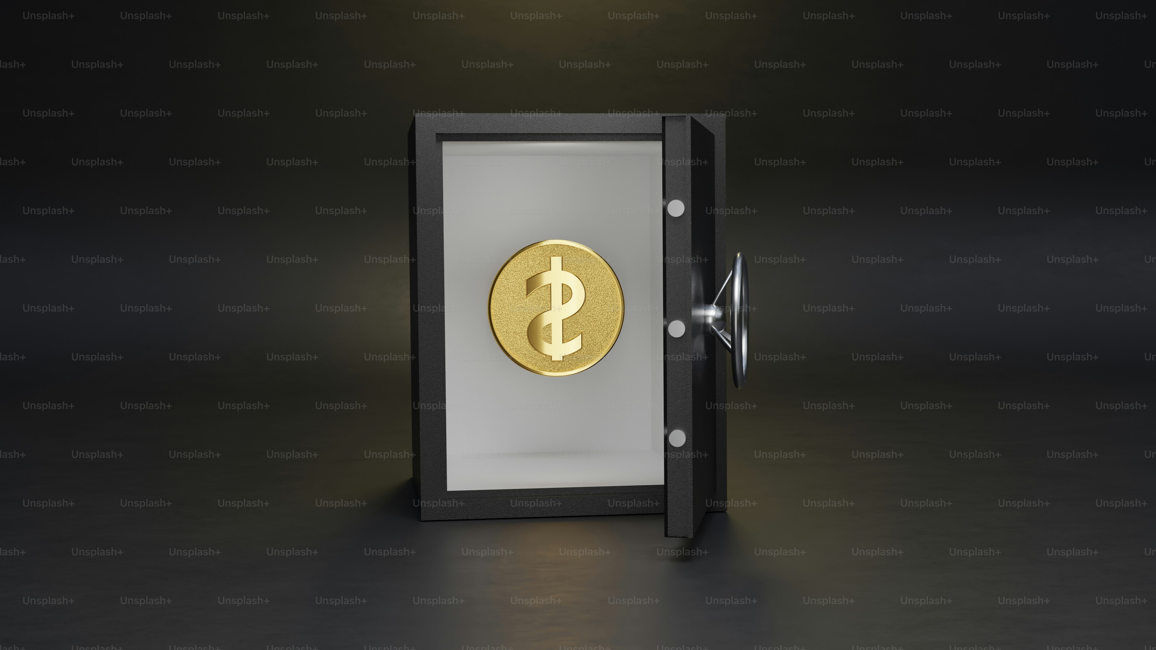 3D Rendering Golden Dollar Coin in Vault