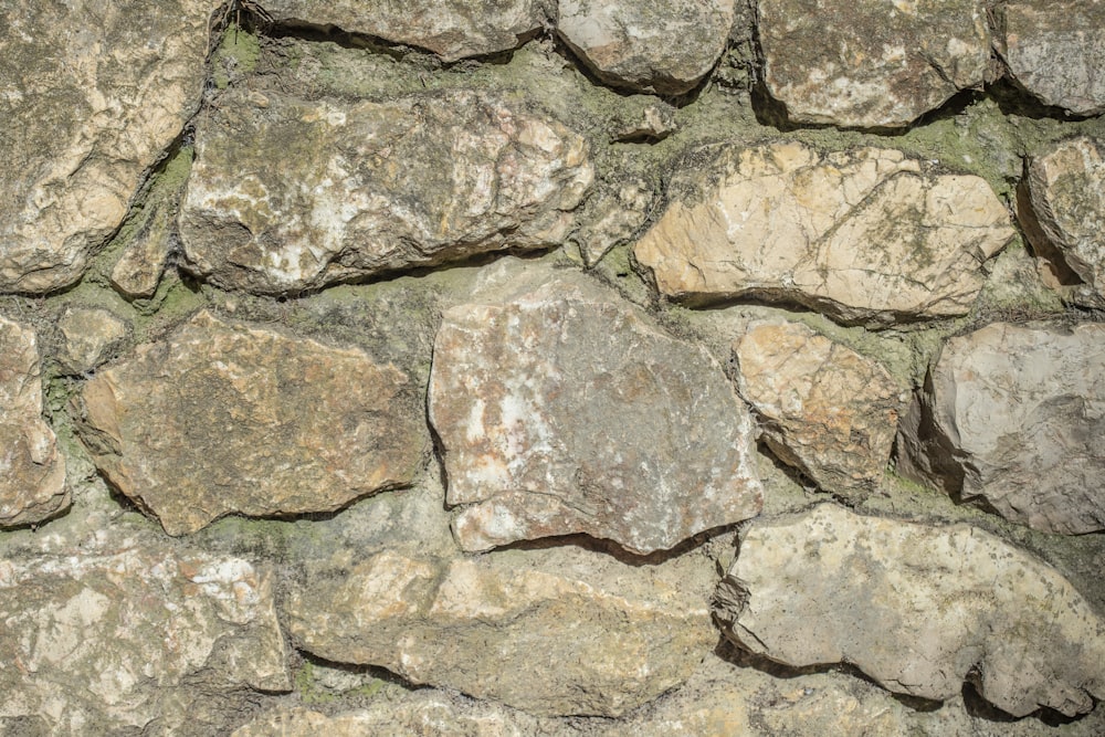 Eine Nahaufnahme einer Steinmauer, auf der Moos wächst