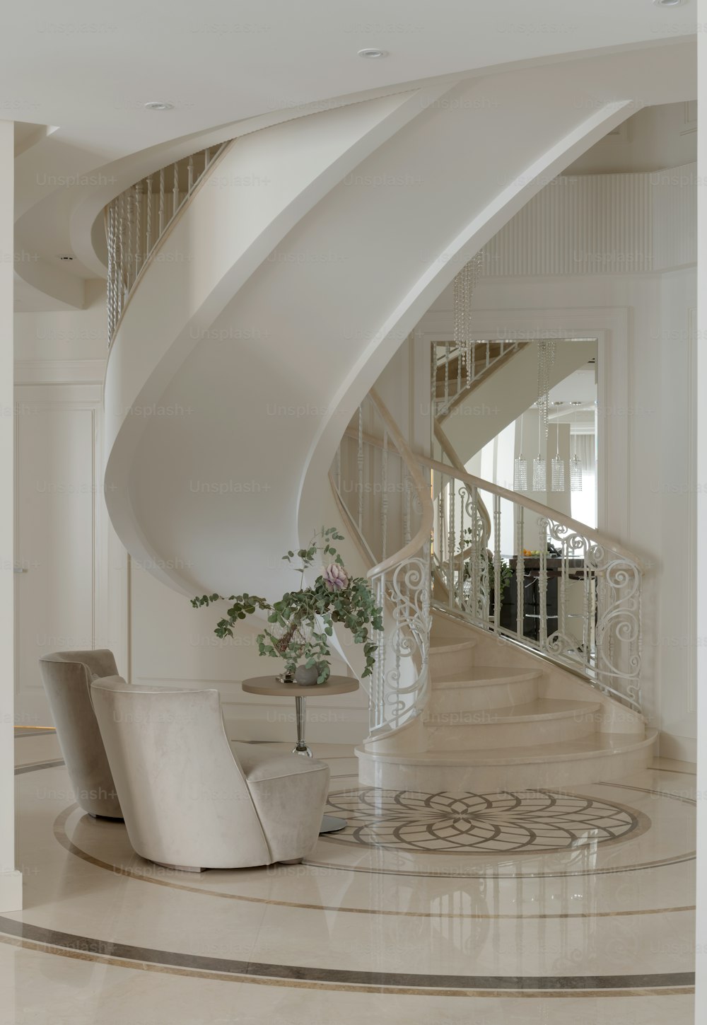 a white staircase with a vase of flowers on it