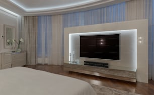 a bedroom with a large flat screen tv on the wall
