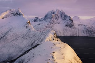 a snow covered mountain with a body of water in the foreground