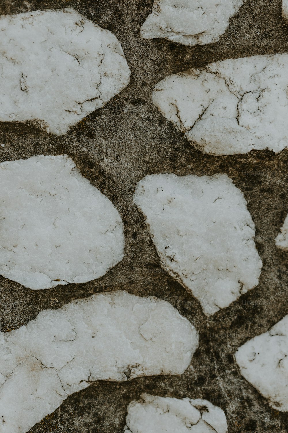 a close up of snow covered rocks on the ground