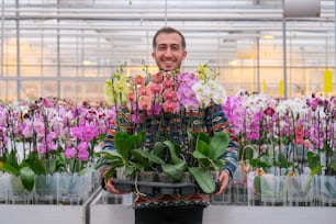 a man holding a tray of flowers in a greenhouse