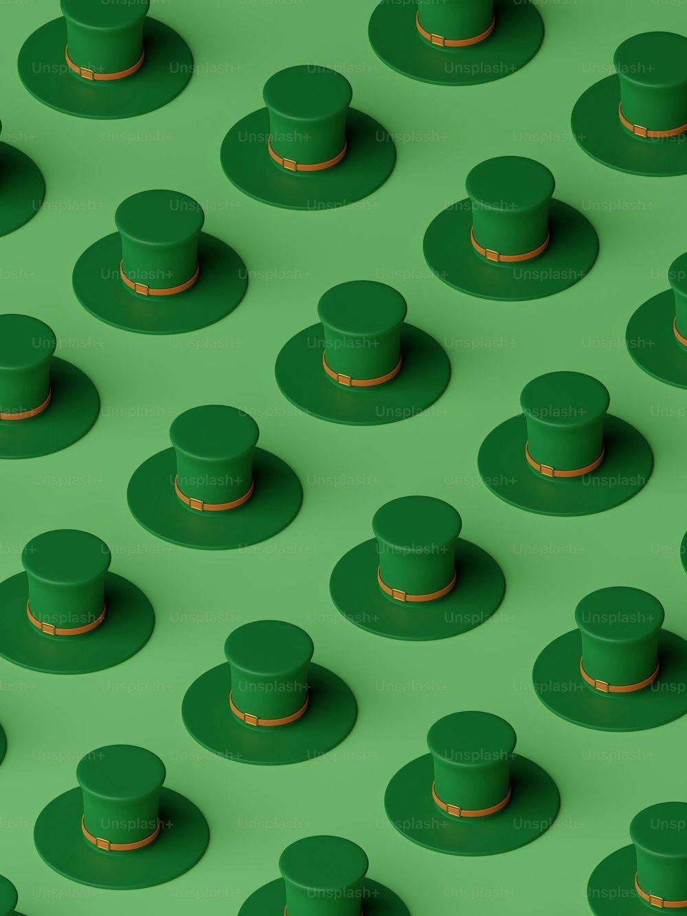 a lot of green hats on a green surface
