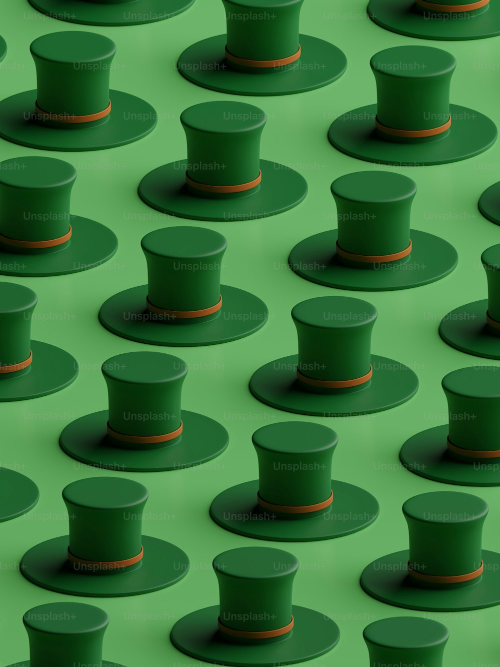 a group of green top hats on a green surface