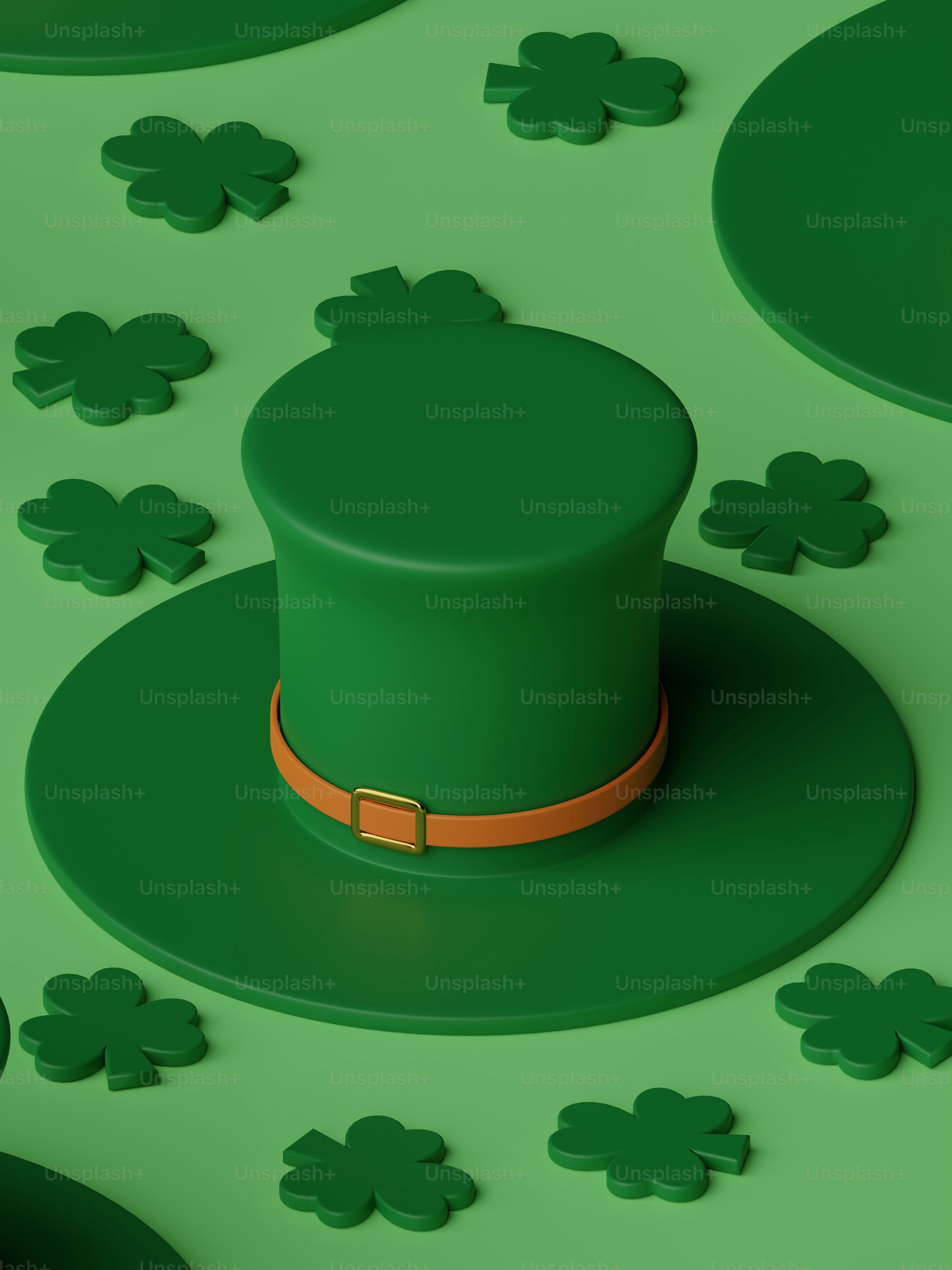 a green hat with four leaf clovers in the background