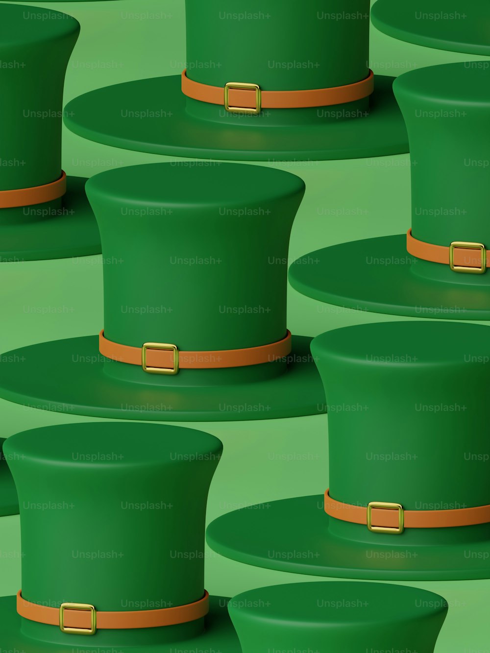 a group of green hats with gold buckles
