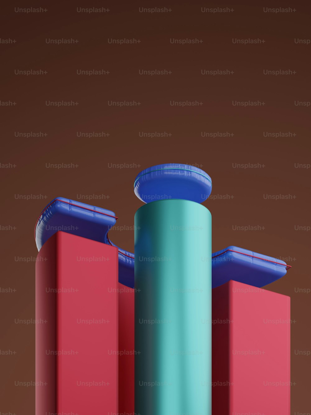 Un objeto alto azul y rojo sobre un fondo marrón