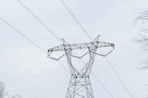 a high voltage power line with trees in the background