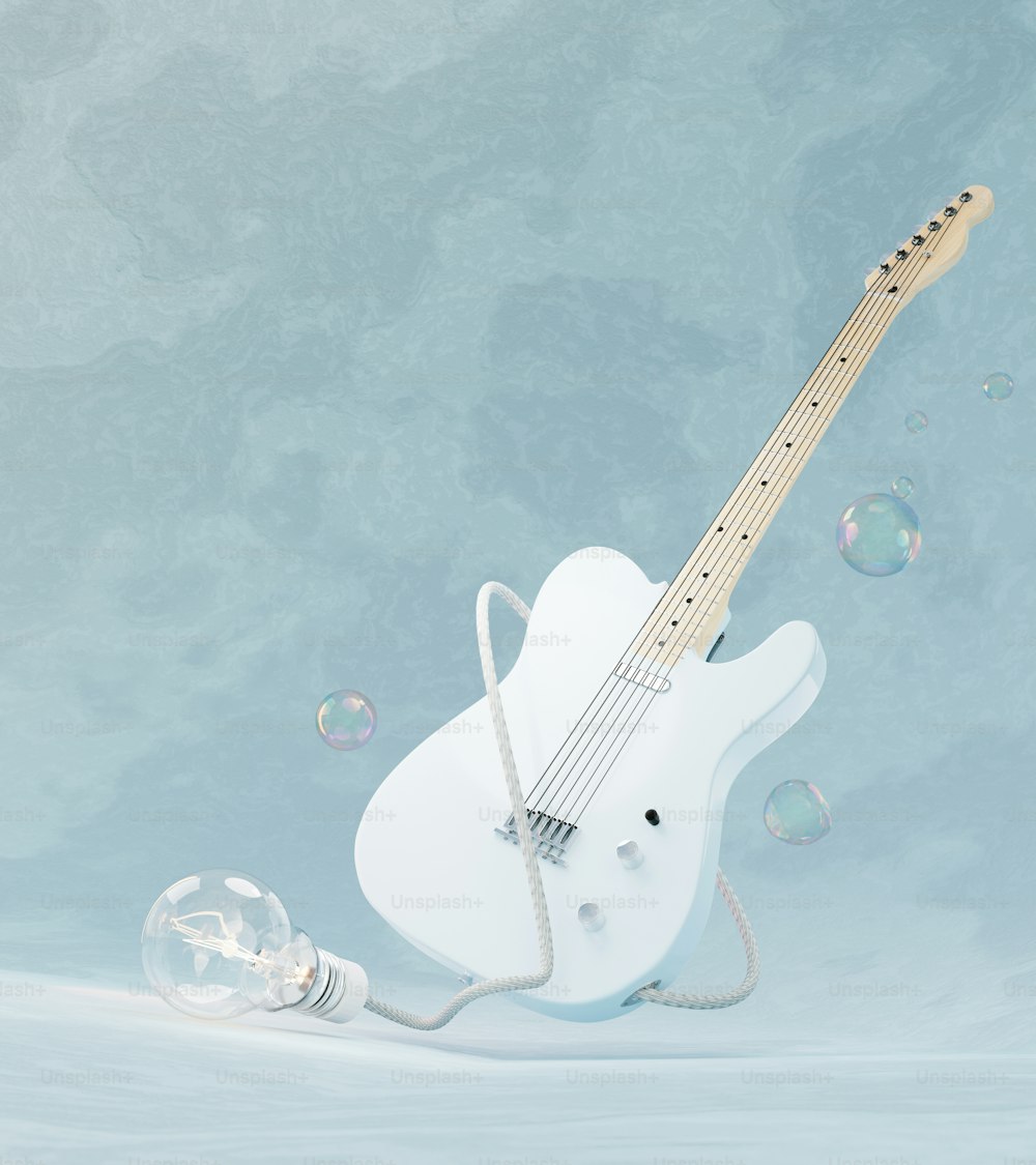 a white electric guitar with bubbles floating around it