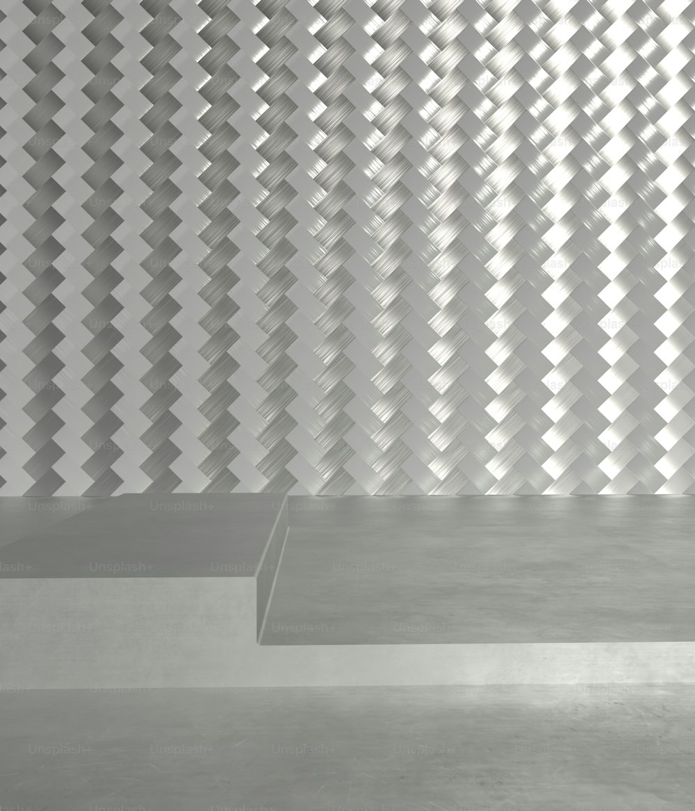une pièce avec un mur métallique et des marches