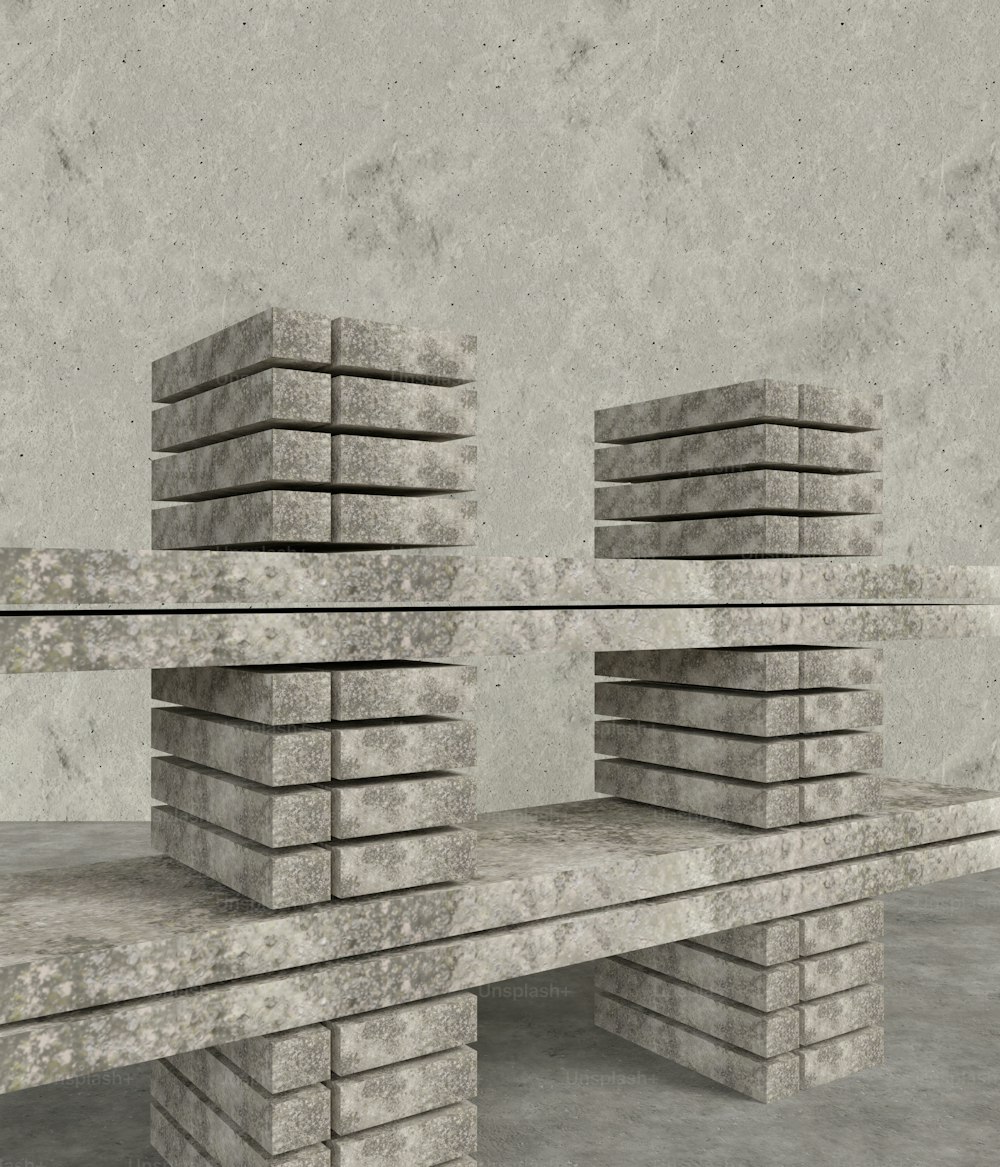 a bunch of bricks sitting on top of a shelf