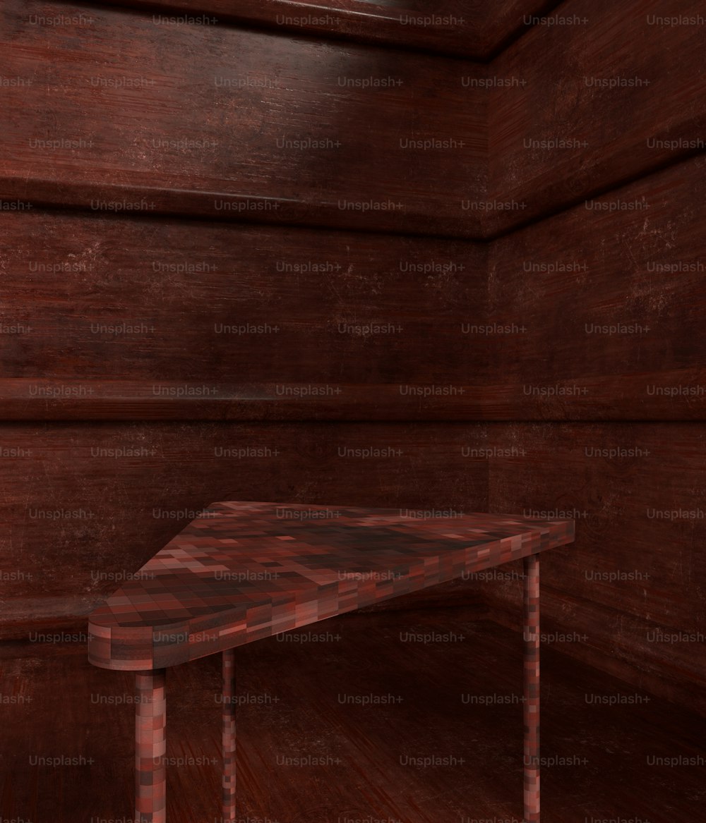 uma mesa em uma sala com paredes de madeira