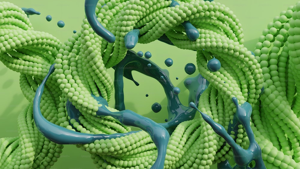 um grupo de objetos verdes e azuis em uma superfície verde