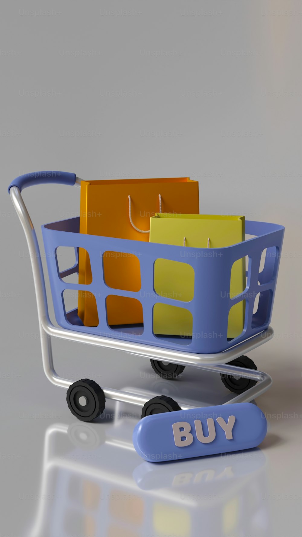 Un carrito de compras con un carrito de compras azul con bolsas de compras amarillas y naranjas