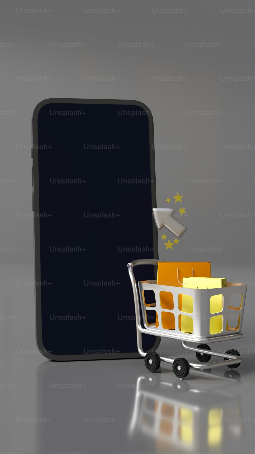 Un carrito de compras junto a un teléfono celular
