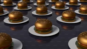 um grande grupo de hambúrgueres sentados em pratos