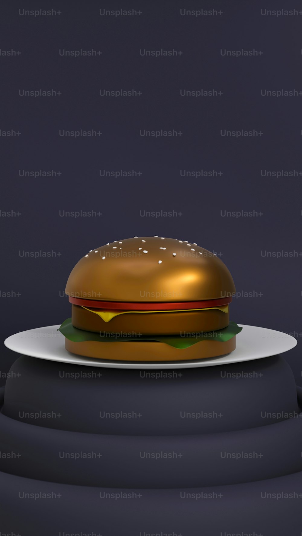 Ein goldener Hamburger sitzt auf einem weißen Teller