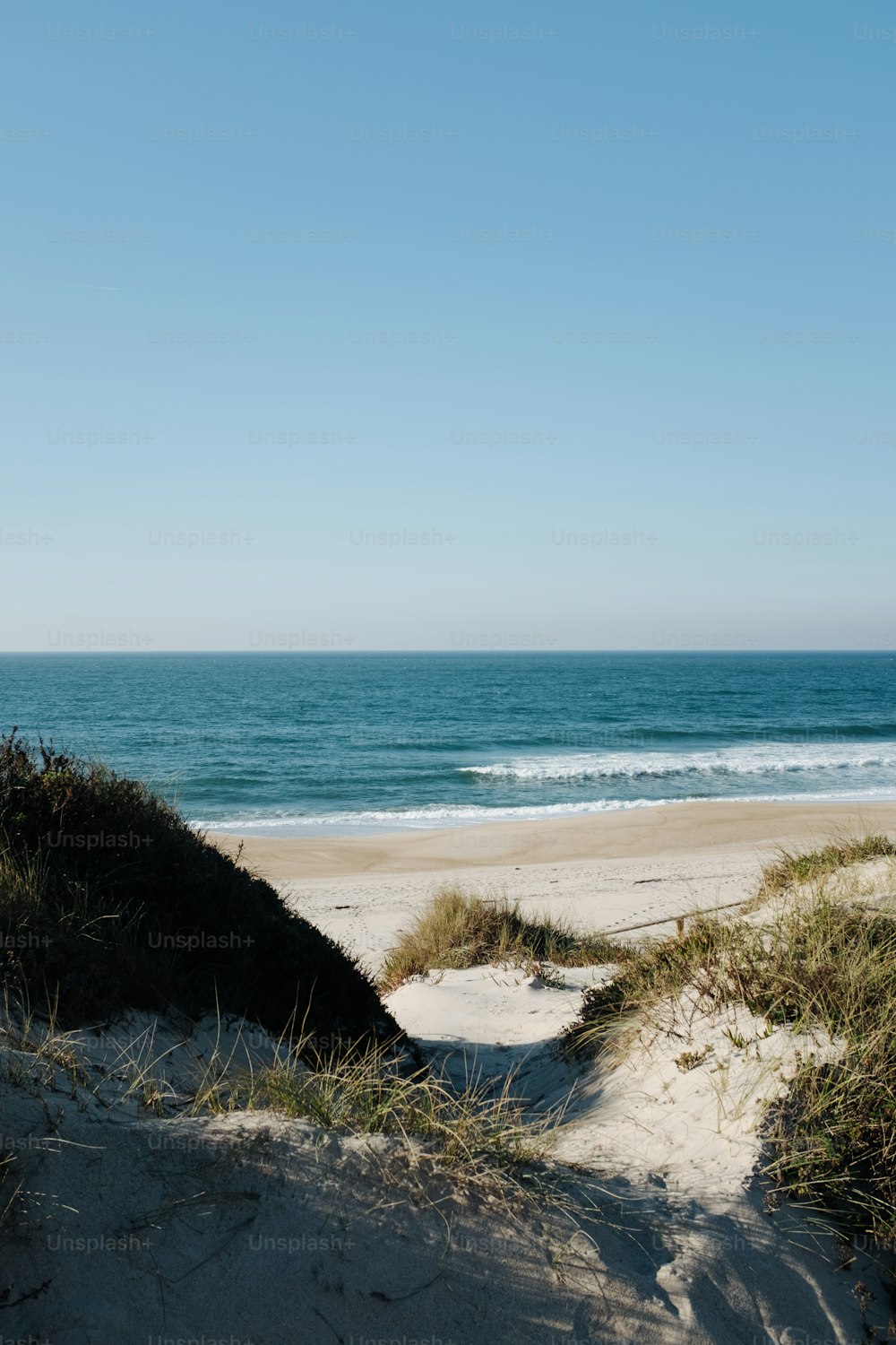 a view of the ocean from a sandy beach