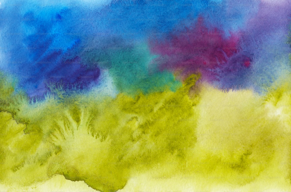 a watercolor painting of green, blue, and purple clouds