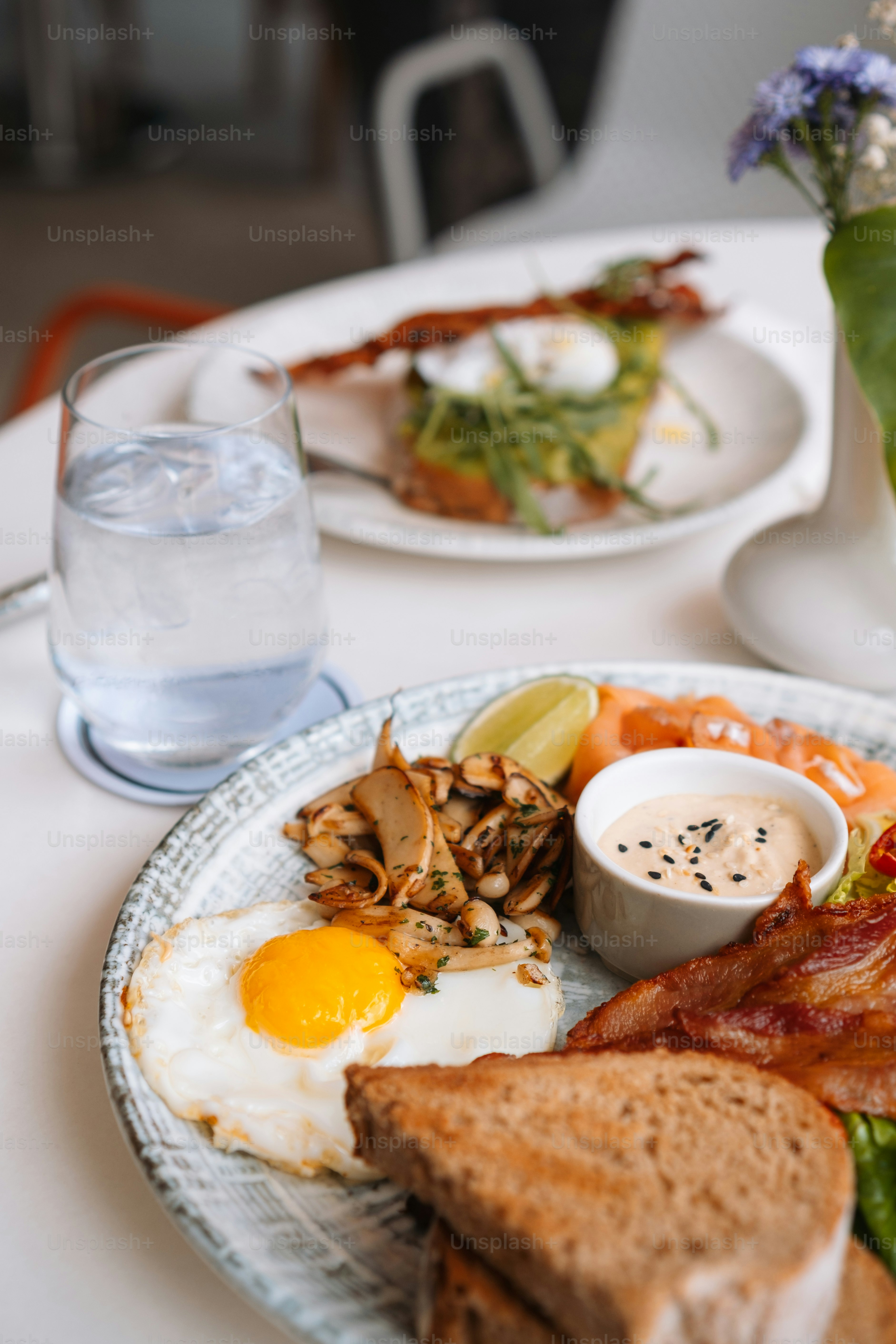 a plate of breakfast food on a table